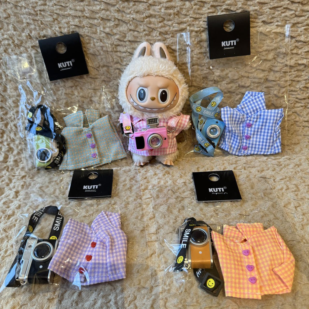 【Clothes Only】Labubu Plush Doll Clothes LABUBU Replaceable Grid Shirt Camera Accessories